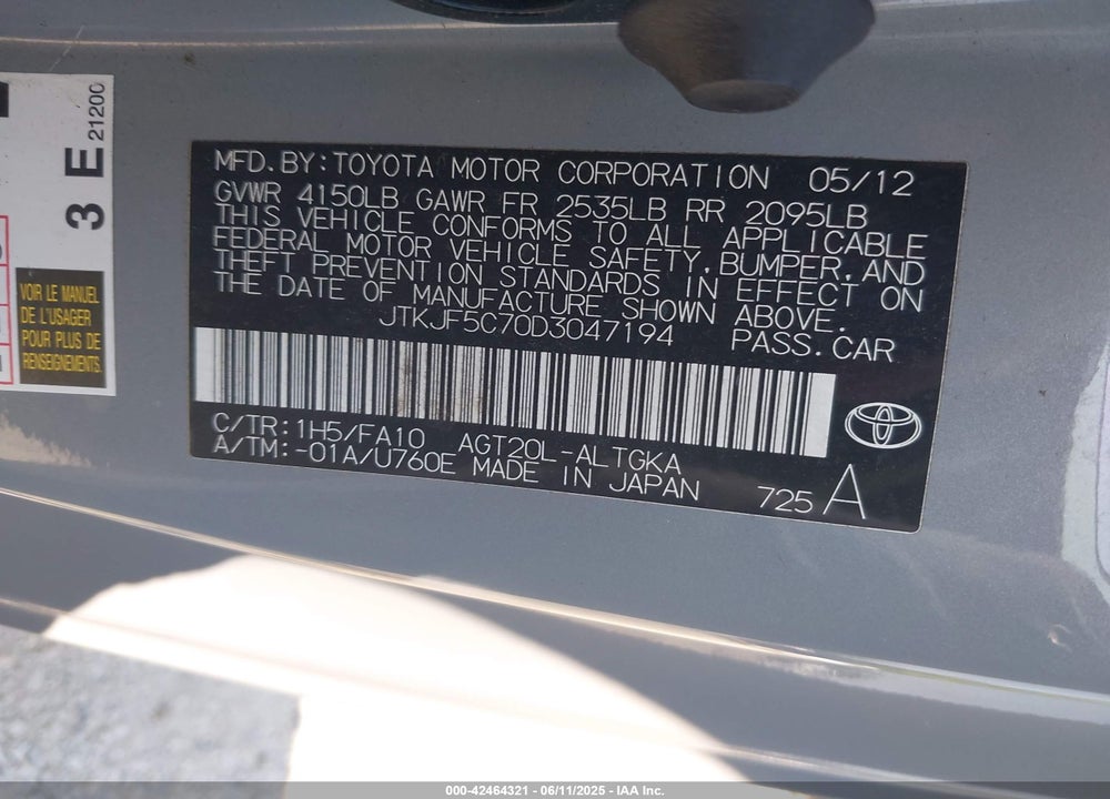 2013 SCION TC VIN: JTKJF5C70D3047194