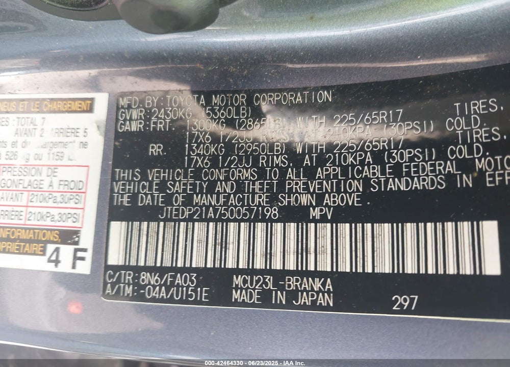 2005 TOYOTA HIGHLANDER LIMITED V6 VIN: JTEDP21A750057198