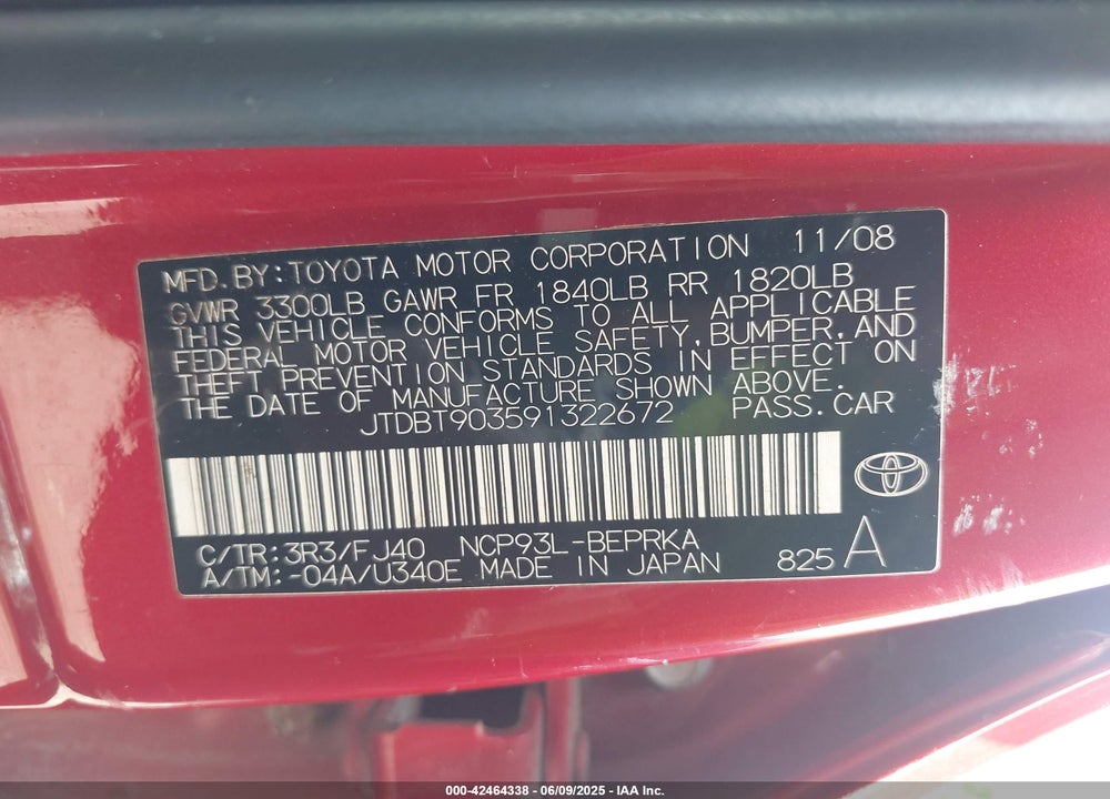 2009 TOYOTA YARIS VIN: JTDBT903591322672