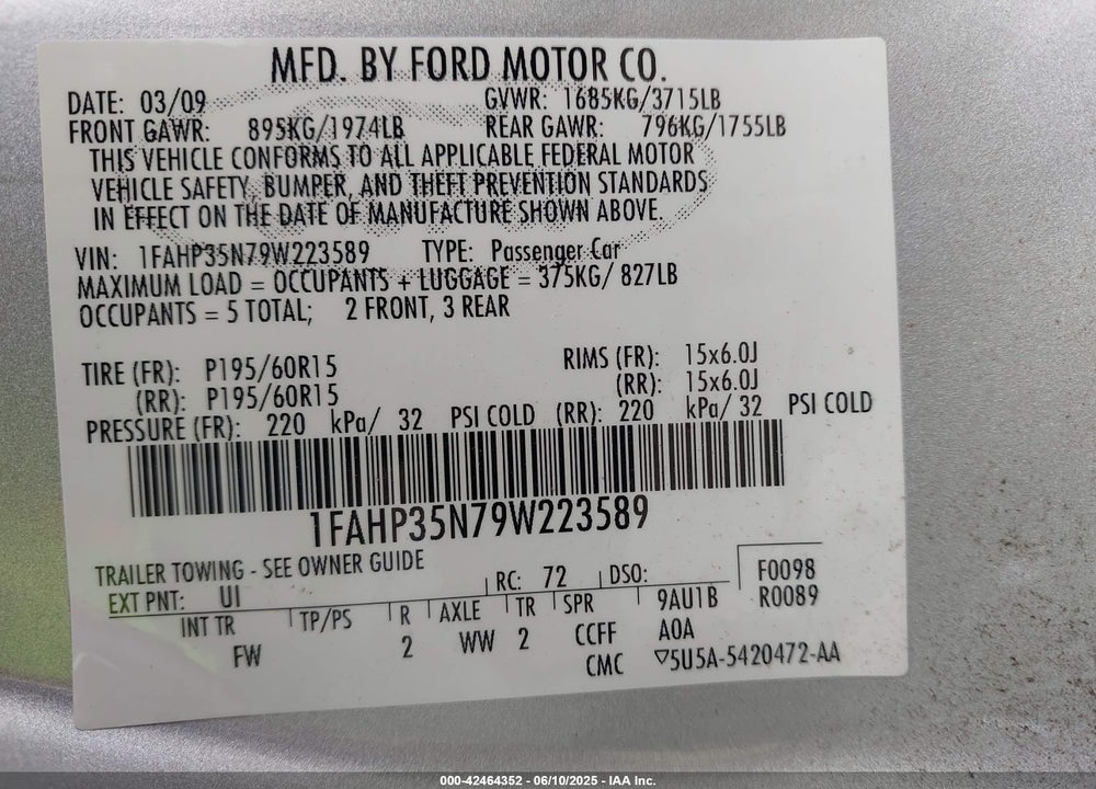 2009 FORD FOCUS SE VIN: 1FAHP35N79W223589