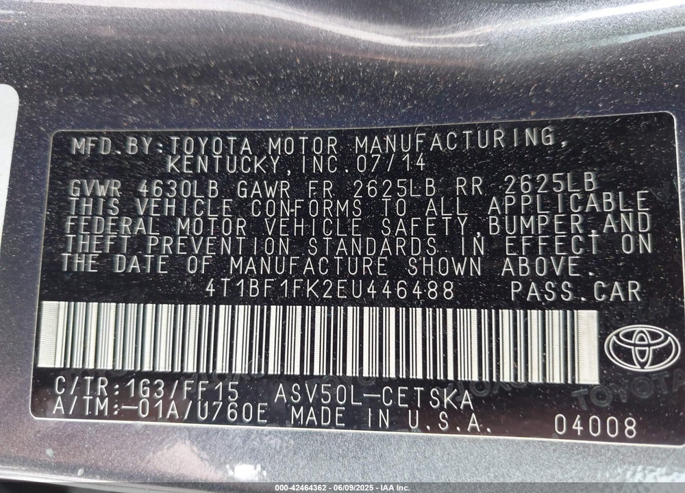 2014 TOYOTA CAMRY VIN: 4T1BF1FK2EU446488