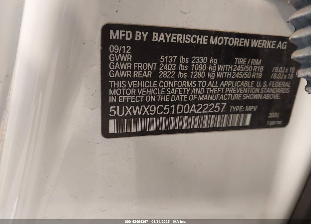 2013 BMW X3 VIN: 5UXWX9C51D0A22257