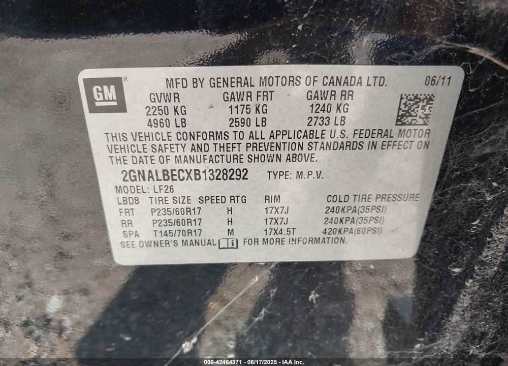2011 CHEVROLET EQUINOX LS VIN: 2GNALBECXB1328292