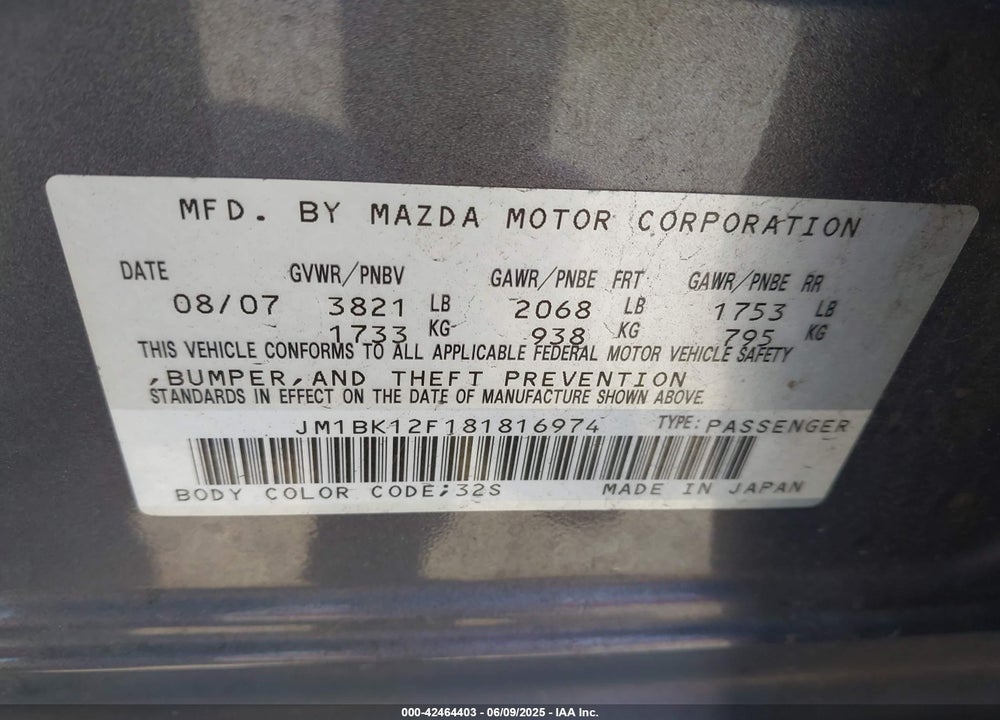 2008 MAZDA 3 I VIN: JM1BK12F181816974
