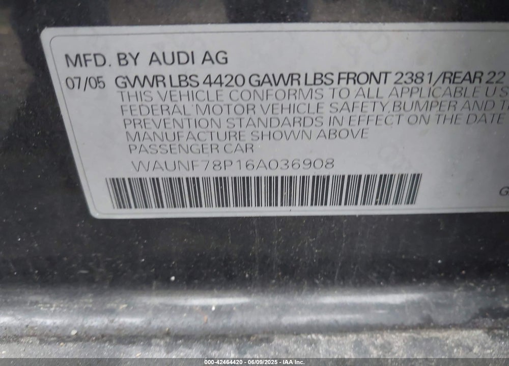 2006 AUDI A3 2.0T VIN: WAUNF78P16A036908