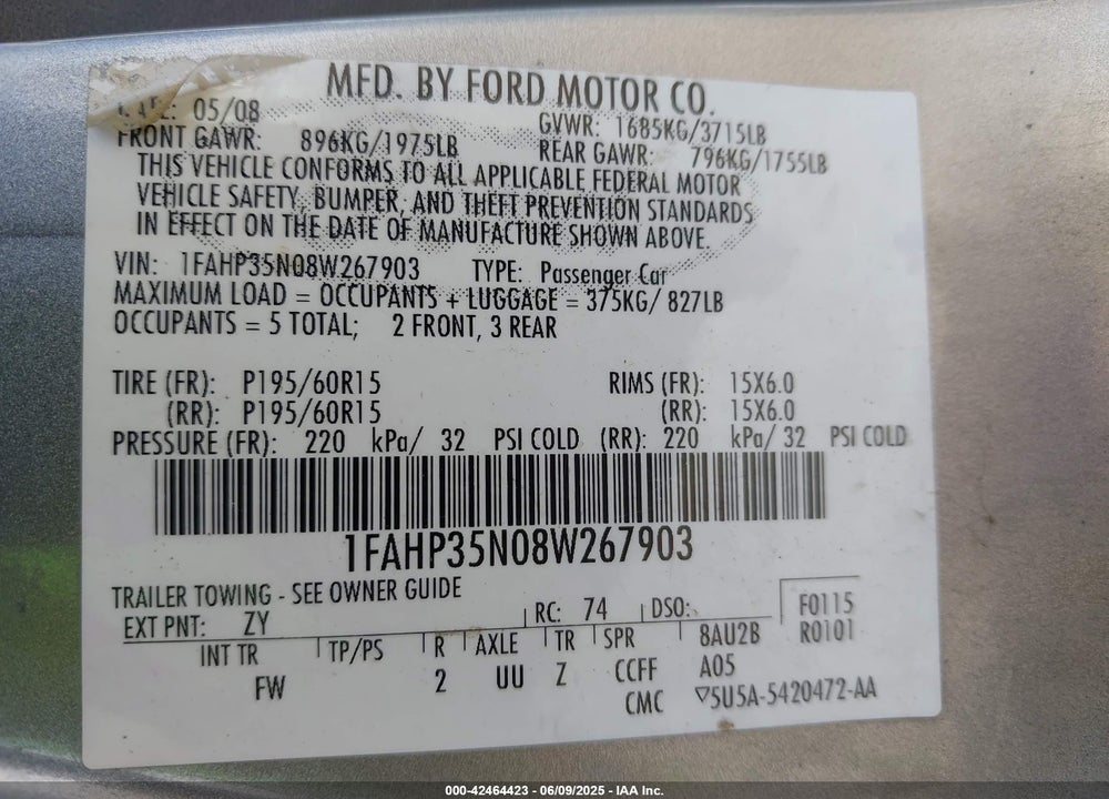 2008 FORD FOCUS SE/SES VIN: 1FAHP35N08W267903