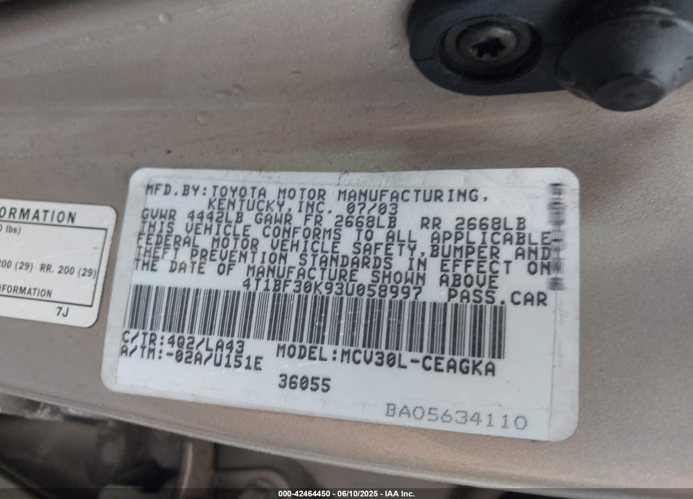 2003 TOYOTA CAMRY VIN: 4T1BF30K93U058997