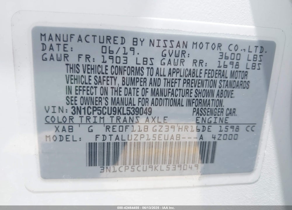 2019 NISSAN KICKS VIN: 3N1CP5CU9KL539049