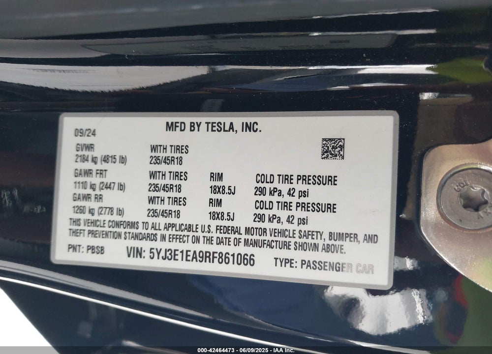 2024 TESLA MODEL 3 VIN: 5YJ3E1EA9RF861066