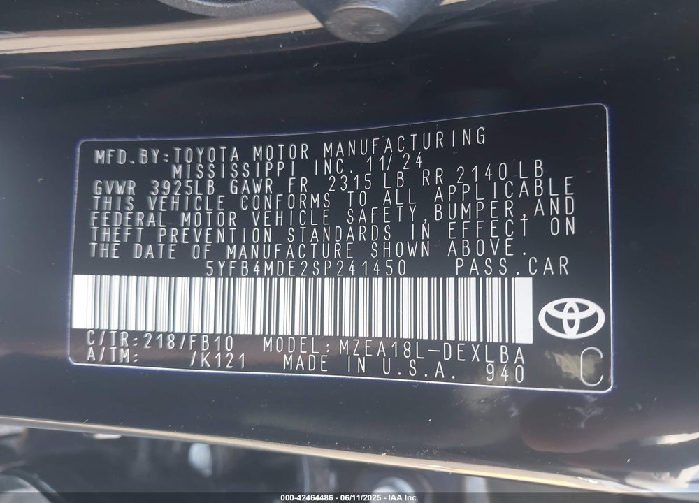 2025 TOYOTA COROLLA VIN: 5YFB4MDE2SP241450