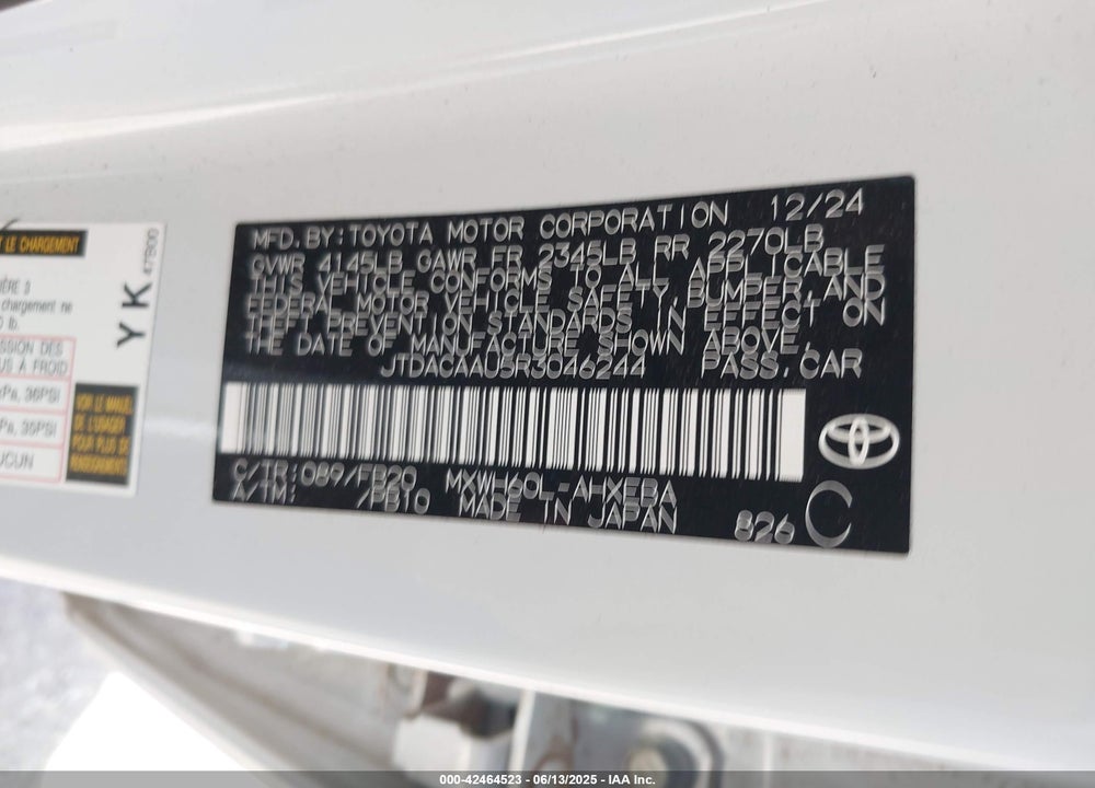 2024 TOYOTA PRIUS VIN: JTDACAAU5R3046244