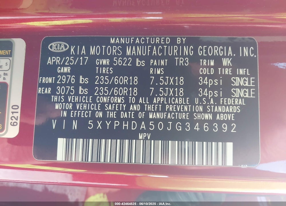 2018 KIA SORENTO VIN: 5XYPHDA50JG346392