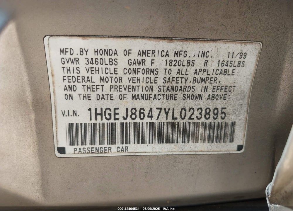 2000 HONDA CIVIC EX VIN: 1HGEJ8647YL023895