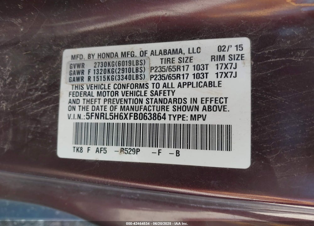 2015 HONDA ODYSSEY EX-L VIN: 5FNRL5H6XFB063864