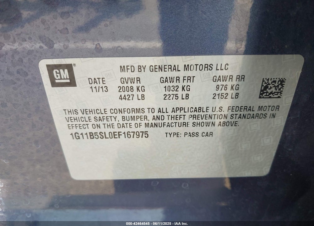 2014 CHEVROLET MALIBU VIN: 1G11B5SL0EF167975