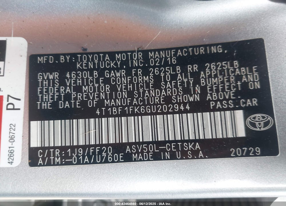 2016 TOYOTA CAMRY SE VIN: 4T1BF1FK6GU202944