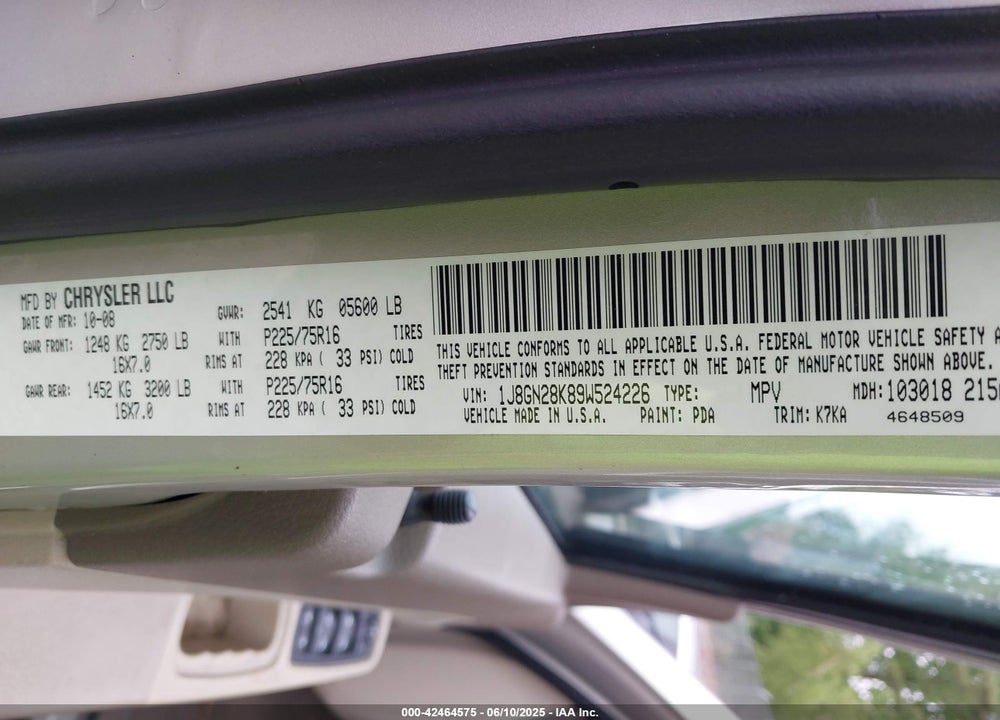 2009 JEEP LIBERTY VIN: 1J8GN28K89W524226
