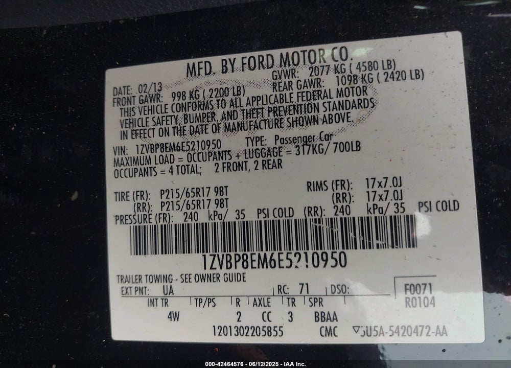 2014 FORD MUSTANG V6 PREMIUM VIN: 1ZVBP8EM6E5210950