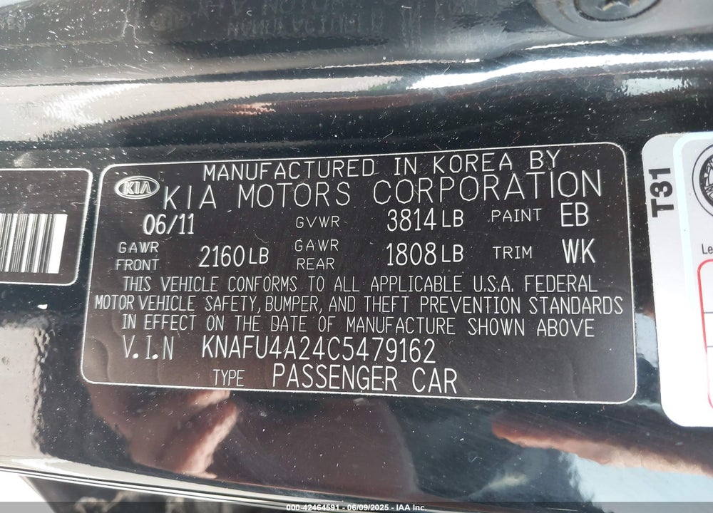 2012 KIA FORTE VIN: KNAFU4A24C5479162