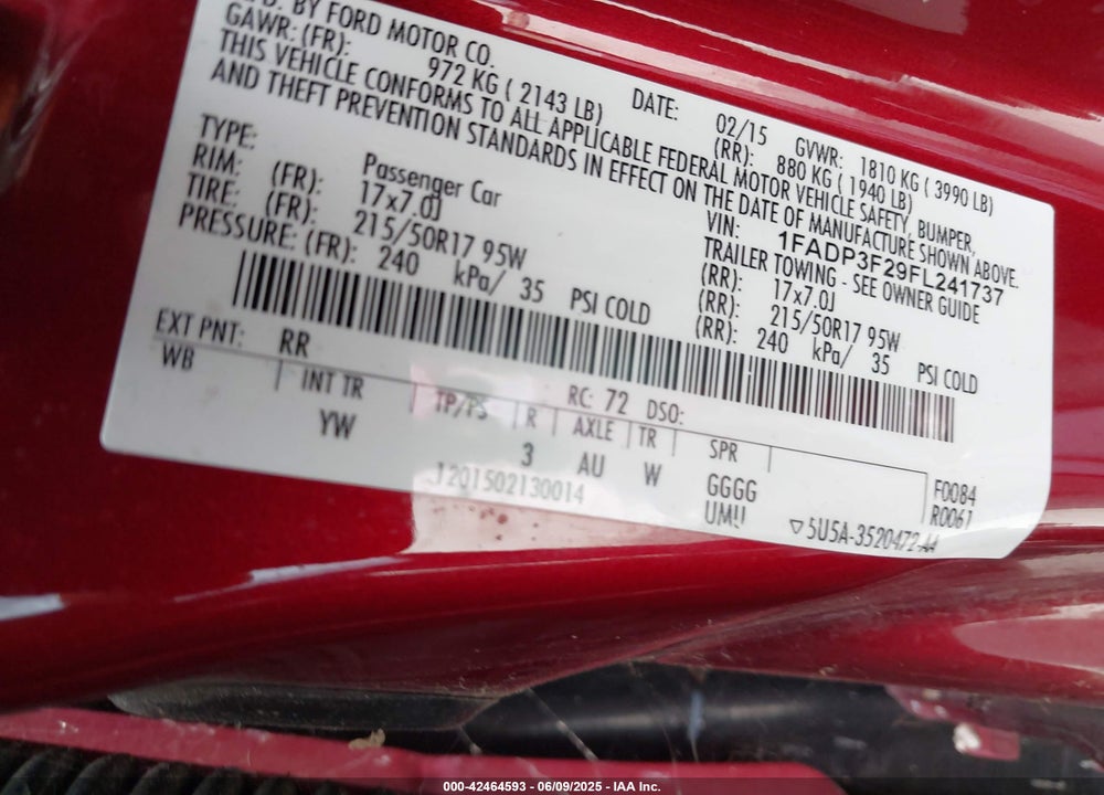 2015 FORD FOCUS SE VIN: 1FADP3F29FL241737