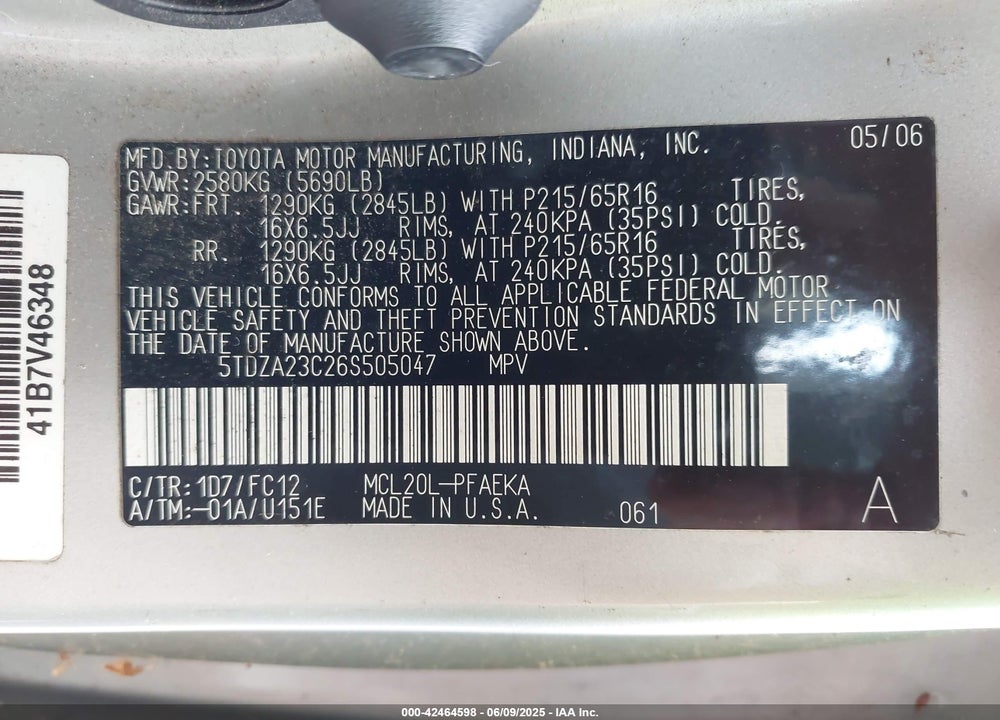 2006 TOYOTA SIENNA LE VIN: 5TDZA23C26S505047