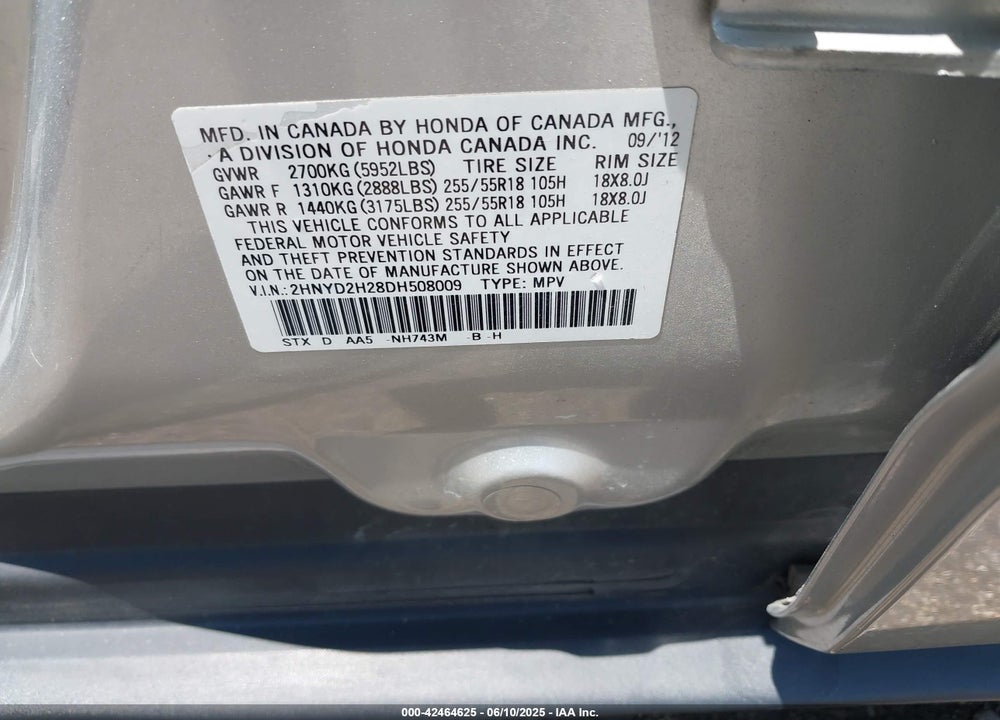 2013 ACURA MDX VIN: 2HNYD2H28DH508009