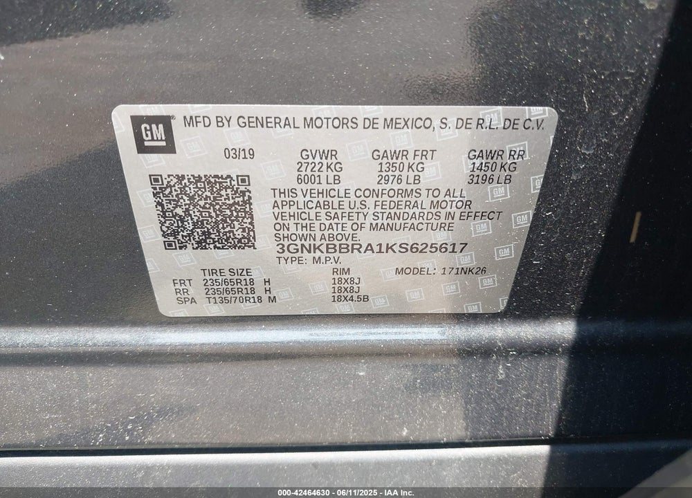 2019 CHEVROLET BLAZER VIN: 3GNKBBRA1KS625617