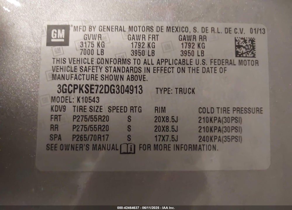 2013 CHEVROLET SILVERADO 1500 VIN: 3GCPKSE72DG304913