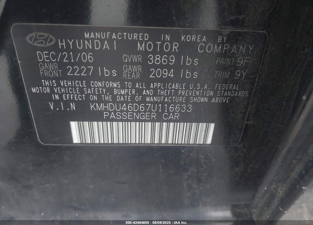 2007 HYUNDAI ELANTRA GLS/LIMITED/SE VIN: KMHDU46D67U116633
