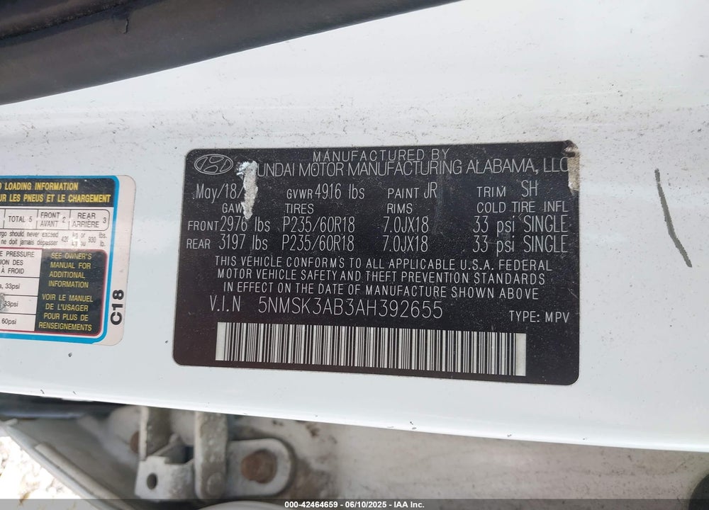 2010 HYUNDAI SANTA FE VIN: 5NMSK3AB3AH392655