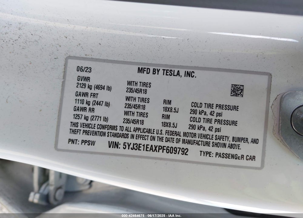 2023 TESLA MODEL 3 VIN: 5YJ3E1EAXPF609792