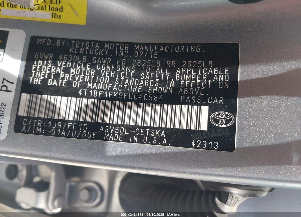 2015 TOYOTA CAMRY SE VIN: 4T1BF1FK9FU040984