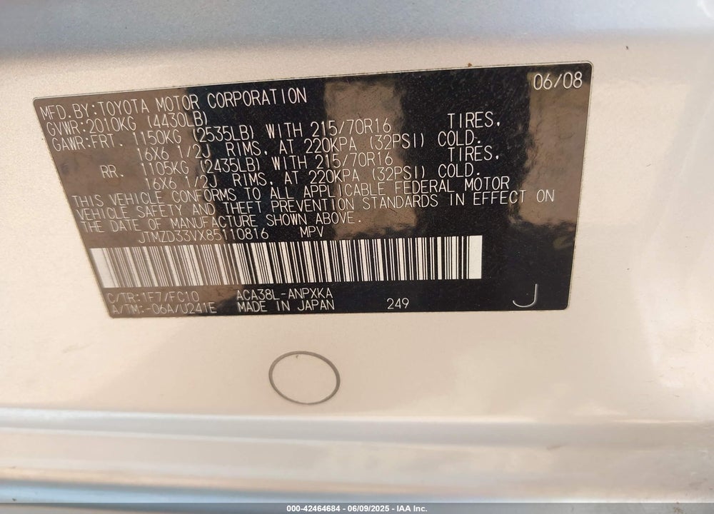 2008 TOYOTA RAV4 VIN: JTMZD33VX85110816