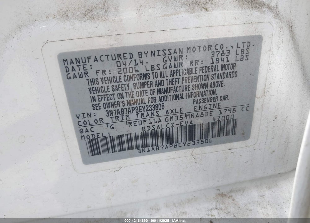 2014 NISSAN SENTRA S VIN: 3N1AB7AP8EY233806