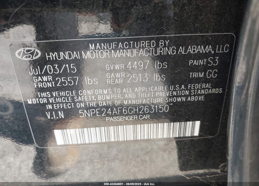 2016 HYUNDAI SONATA VIN: 5NPE24AF6GH263150