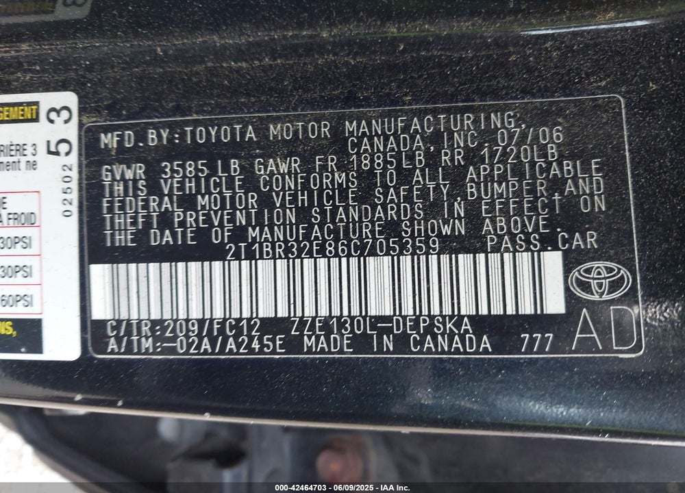 2006 TOYOTA COROLLA S VIN: 2T1BR32E86C705359