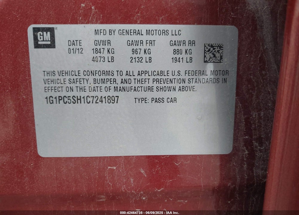 2012 CHEVROLET CRUZE VIN: 1G1PC5SH1C7241897
