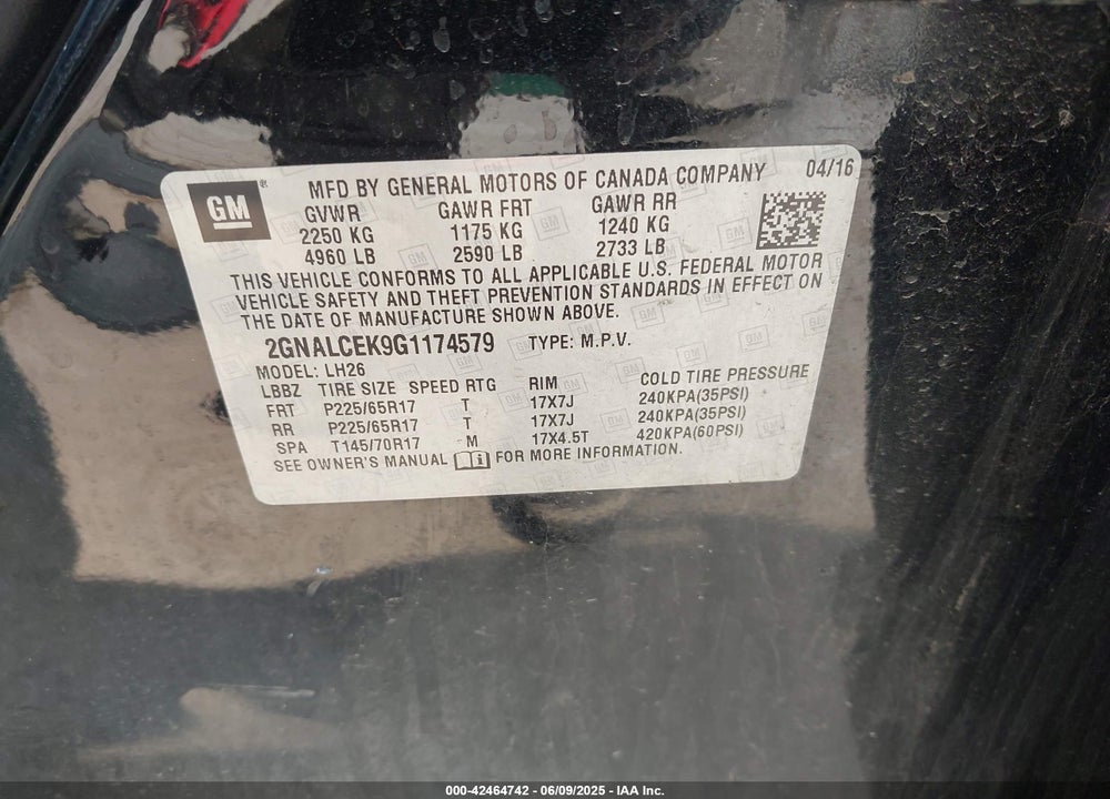 2016 CHEVROLET EQUINOX VIN: 2GNALCEK9G1174579