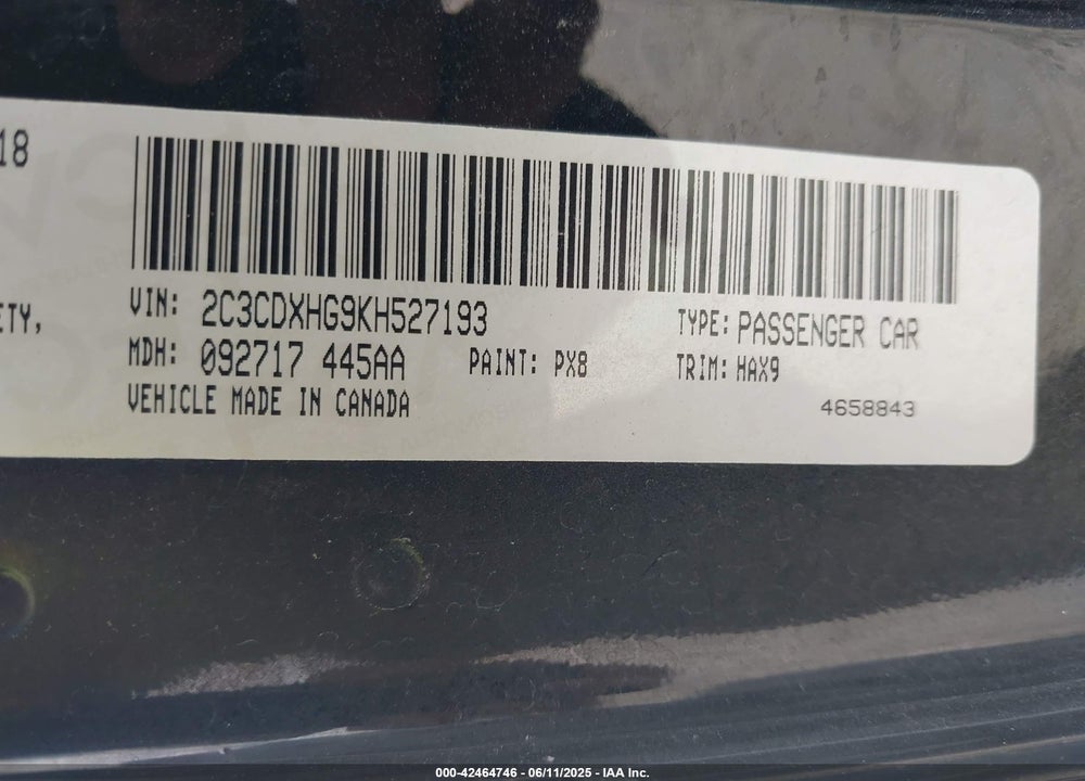 2019 DODGE CHARGER VIN: 2C3CDXHG9KH527193