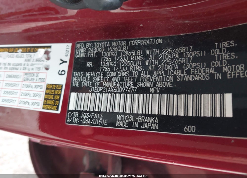 2006 TOYOTA HIGHLANDER VIN: JTEDP21AX60097437
