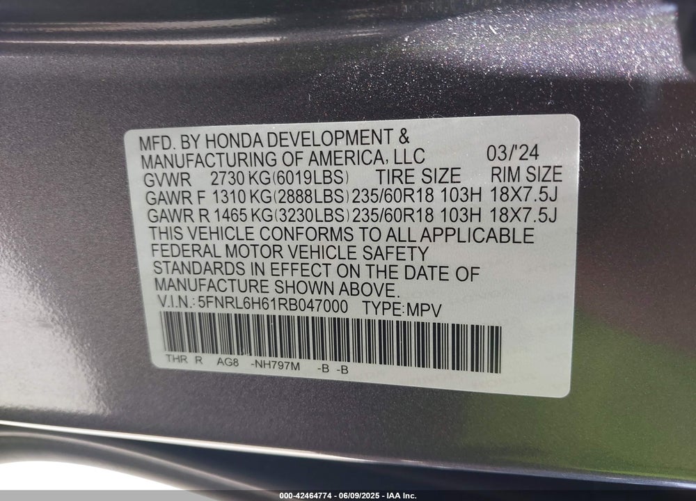 2024 HONDA ODYSSEY EX-L VIN: 5FNRL6H61RB047000