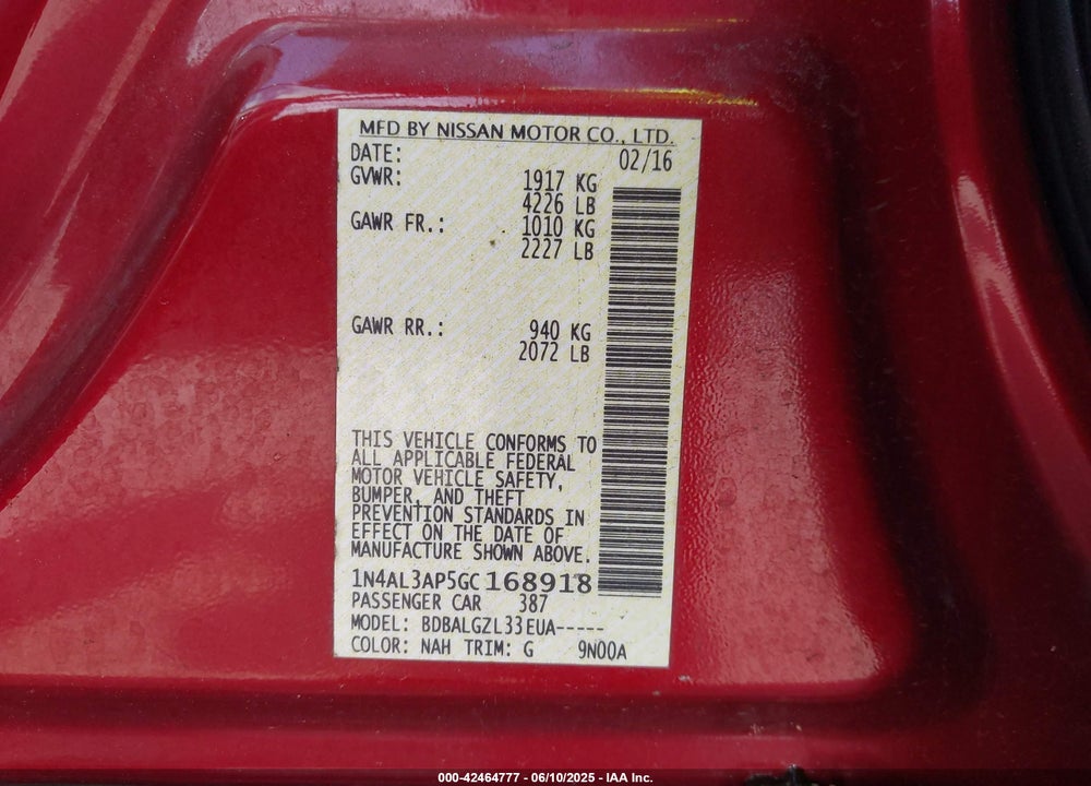 2016 NISSAN ALTIMA VIN: 1N4AL3AP5GC168918