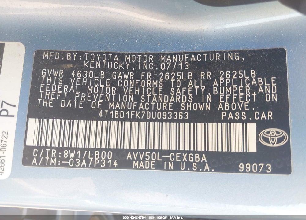 2013 TOYOTA CAMRY HYBRID XLE VIN: 4T1BD1FK7DU093363