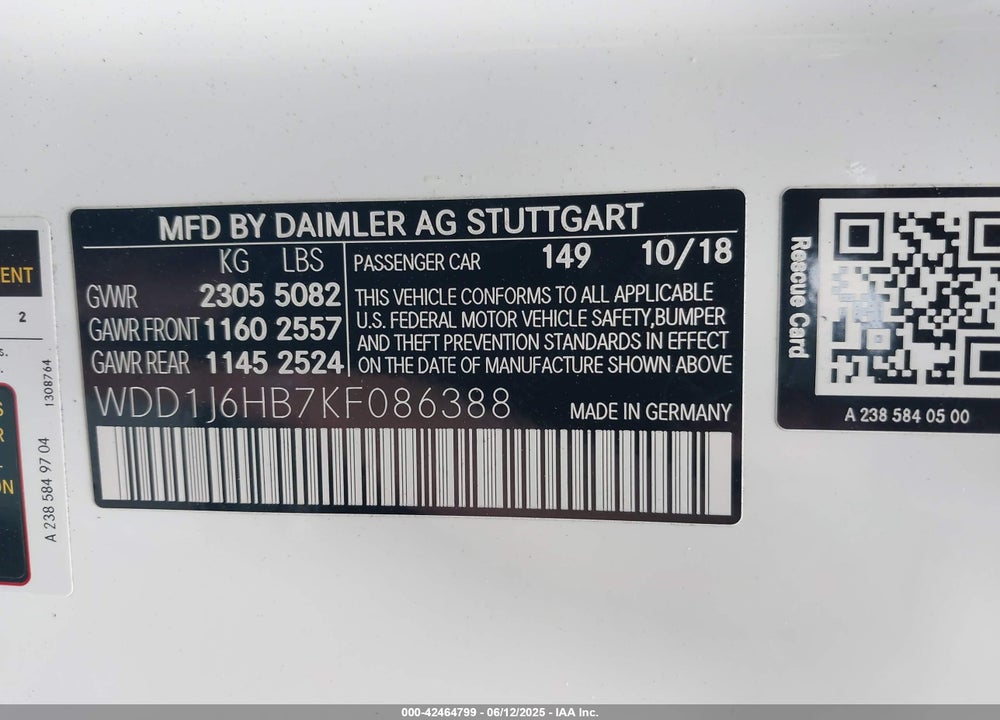 2019 MERCEDES-BENZ E-CLASS VIN: WDD1J6HB7KF086388