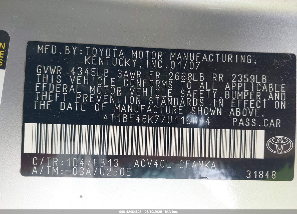 2007 TOYOTA CAMRY LE VIN: 4T1BE46K77U116644