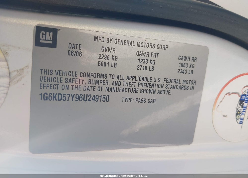 2006 CADILLAC DTS VIN: 1G6KD57Y96U249150