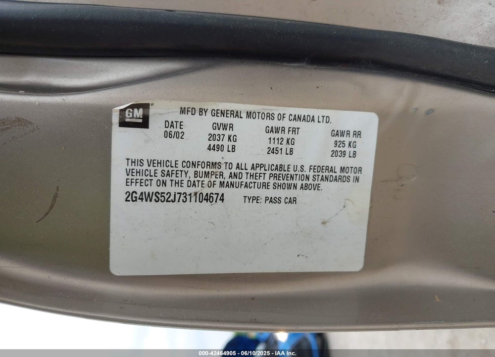 2003 BUICK CENTURY CUSTOM VIN: 2G4WS52J731104674