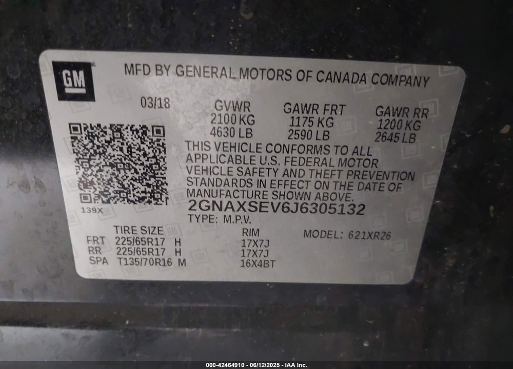 2018 CHEVROLET EQUINOX VIN: 2GNAXSEV6J6305132