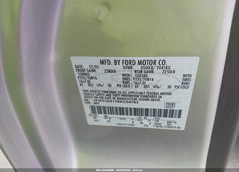 2006 FORD ESCAPE XLT/XLT SPORT VIN: 1FMYU03176KC04783