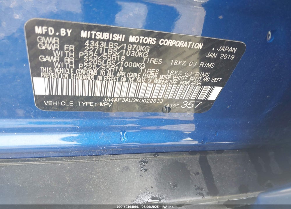 2019 MITSUBISHI OUTLANDER SPORT VIN: JA4AP3AU3KU022633
